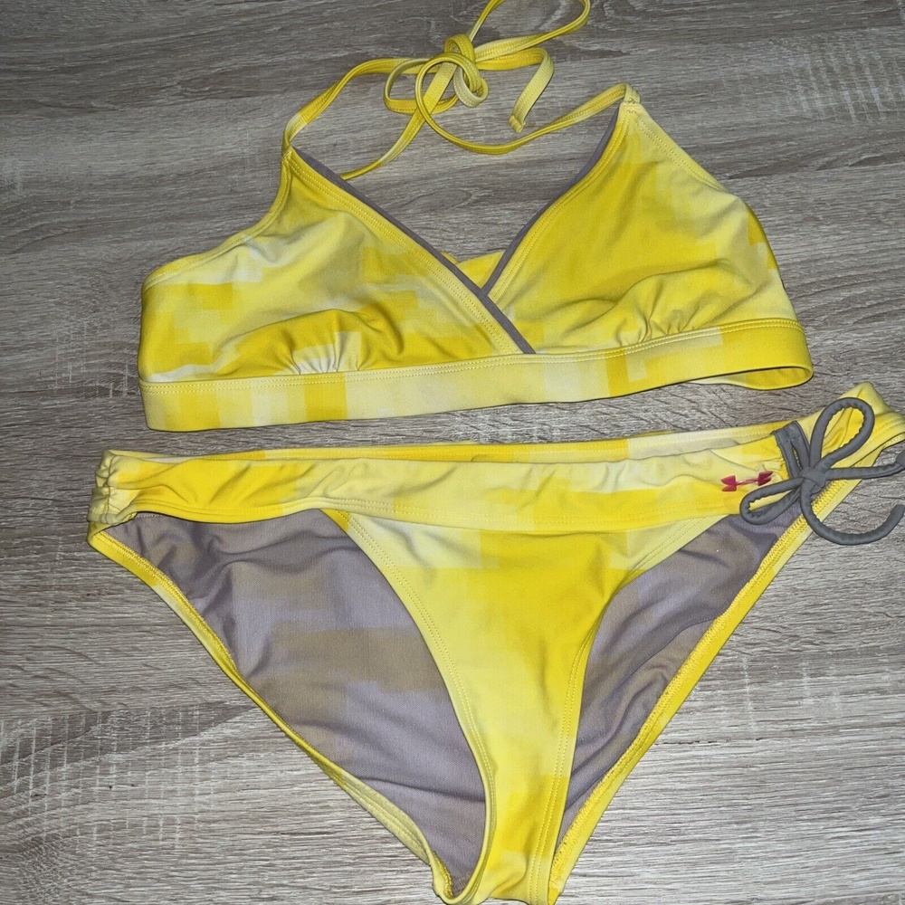 UNDER ARMOR Women’s Performance Bikini Swimsuit Top M &bottom L Yellow Tie Dye